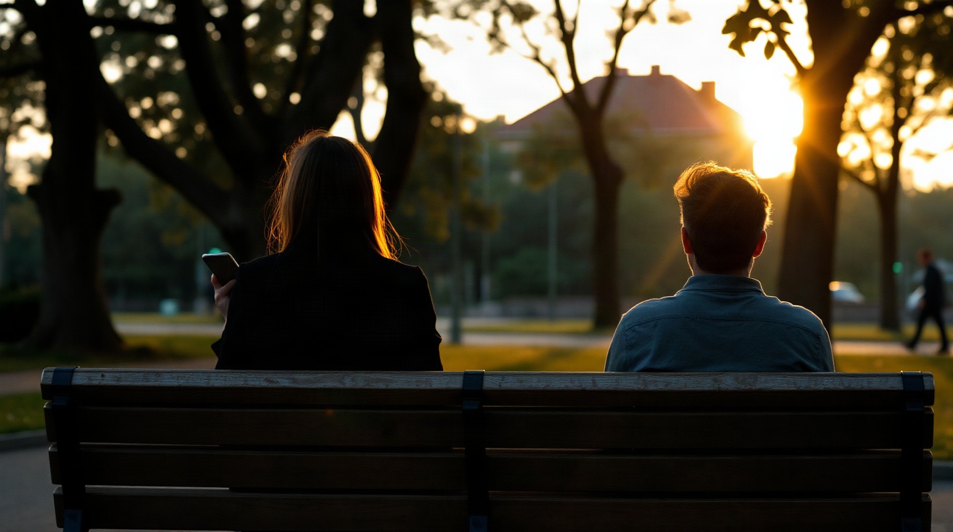 Couple assis côte à côte sur un banc, l'un tenant un téléphone