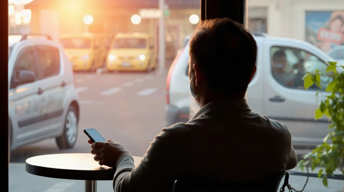 Personne regardant son téléphone avec émotion dans un café